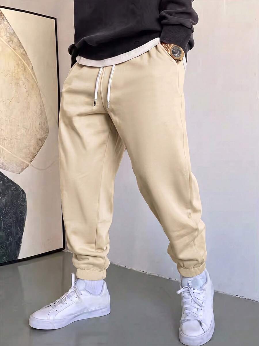 Manfinity Homme Pantalones de chándal casuales de unicolor con cordón en la cintura y bolsillos para uso diario para hombres - Albaricoque - Ver 1
