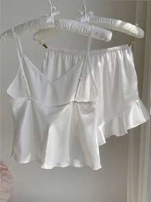 Comfortcana Conjunto de pijama de satén con volantes en el bajo, conjunto blanco - Blanco - Ver 2