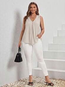 Comfylo Casual Versatile Daily Plus Size Contrast Color Striped Pattern V-Neck Pleated Tank Top, Spring/Summer - Multicolor - View 5