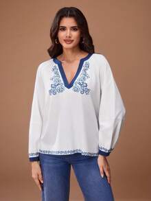 Glamance White Floral V-Neck Long Sleeve Blouse, Loose Boho Elegant Mature Casual Sexy For Outing, Work Brunch, Office, Daily, Party, Autumn - Blue and White - View 6