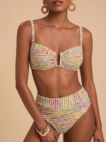 Travachic Women's Summer Beach Colorblock Spaghetti Strap Bikini & Triangle Bottom Two-Piece Swimsuit Set - Multicolor - View 1