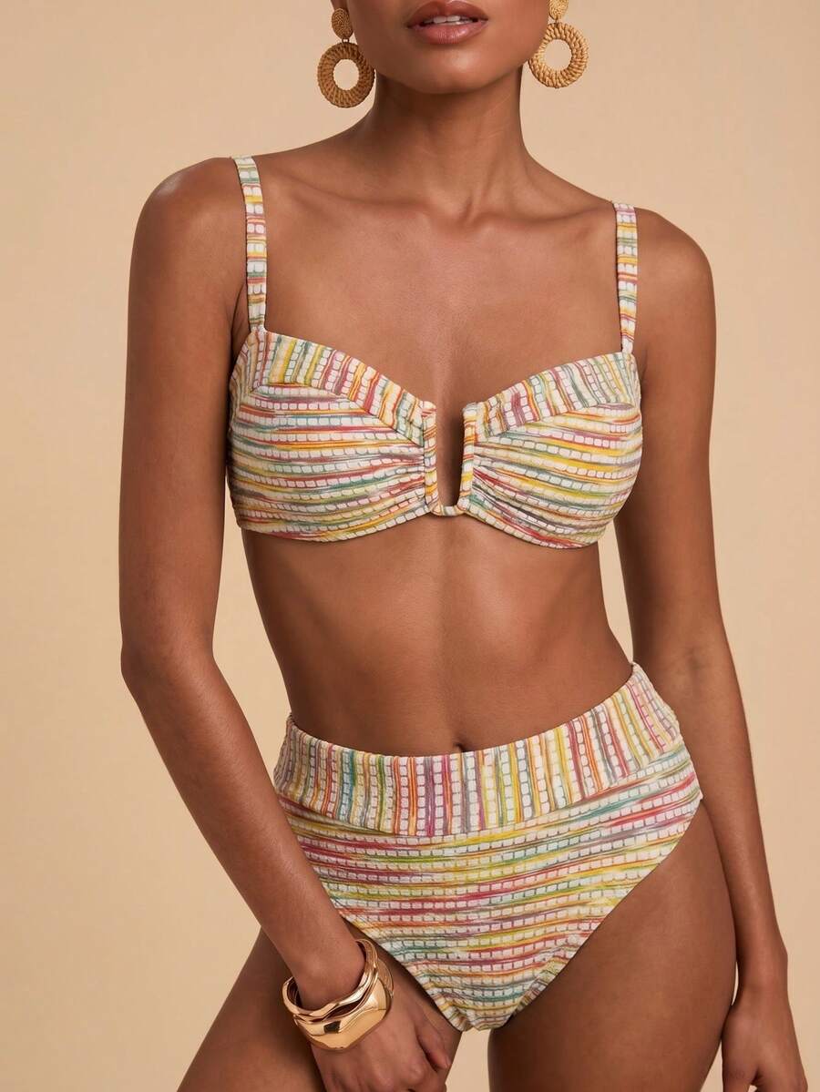 Travachic Women's Summer Beach Colorblock Spaghetti Strap Bikini & Triangle Bottom Two-Piece Swimsuit Set - Multicolor - View 1