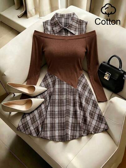 SHEIN Franclia 女款格紋拼接假兩件式時尚迷你洋裝，適合約會與外出
