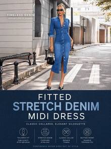 SHEIN Tall Gaun Denim Kasual Wanita dengan Kancing Depan, Pas Badan, untuk Wanita Tinggi - Biru - View 5
