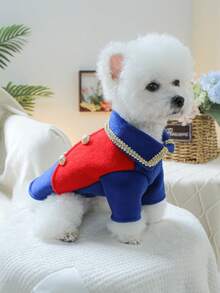 PETSIN 1pc Royal Prince Pet Dress, Cat And Dog Universal Dress, Suitable For Wedding Companion Dress, Christmas Party Retro Noble Style Pet Photo - sapphire blue red - View 6