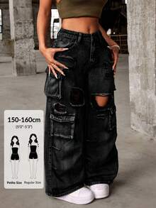 SHEIN PETITE بنطلون جينز كارغو واسع الساق بأسلوب جرنج كاجوال للنساء مع ثقوب ممزقة وجيوب للاستخدام اليومي باللون الأسود للصيف، للنساء الصغيرات - الأسود - مشاهدة 1
