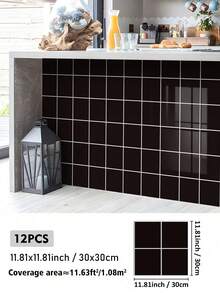 1/12/36pcs Black Square Peel And Stick Tile Stickers – Waterproof Self-Adhesive Backsplash For Kitchen, Bathroom & Laundry Room - 30*30CM - View 16
