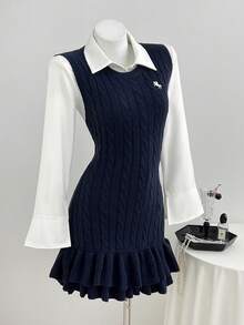 Elamini Minimalist Cute Sweet Women's Autumn Round Neck White Navy Blue Cable Knit Ruffle Hem Sweater Dress Back-To-School Everyday School - Royal Blue - View 2