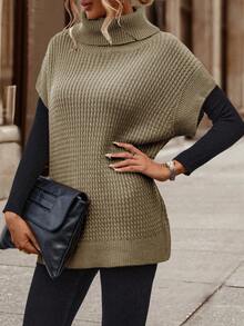 SHEIN Women's Solid Color High Neck Casual Versatile Daily Knit Vest - Khaki - View 4