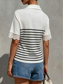 SHEIN Franclia Women's Casual Commute Shirt Collar Short Sleeve Lace Patchwork Striped Print Single Breasted T-Shirt - Black and White - View 2
