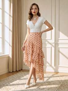 Suri Mira Falda Romántica Francesa Elegante Retro con Patrón de Lunares Marrones, Volantes Multicapa y Dobladillo Asimétrico, para Citas, Té de la Tarde, Fiestas y Aire Libre, Verano/Otoño - Rosa coral - Ver 5