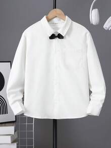 SHEIN 1件兒童青少年男孩休閒開學季學院風長袖鈕扣襯衫，適合通勤、上學、日常休閒穿著、運動，春夏季適用 - 白色 - 查看 5