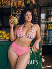 Swim Mod Plus Size Women's Botanical Print Halter Neck Backless One-Piece Swimwear Top For Beach Vacation Summer Tropical - Multicolor - View 4