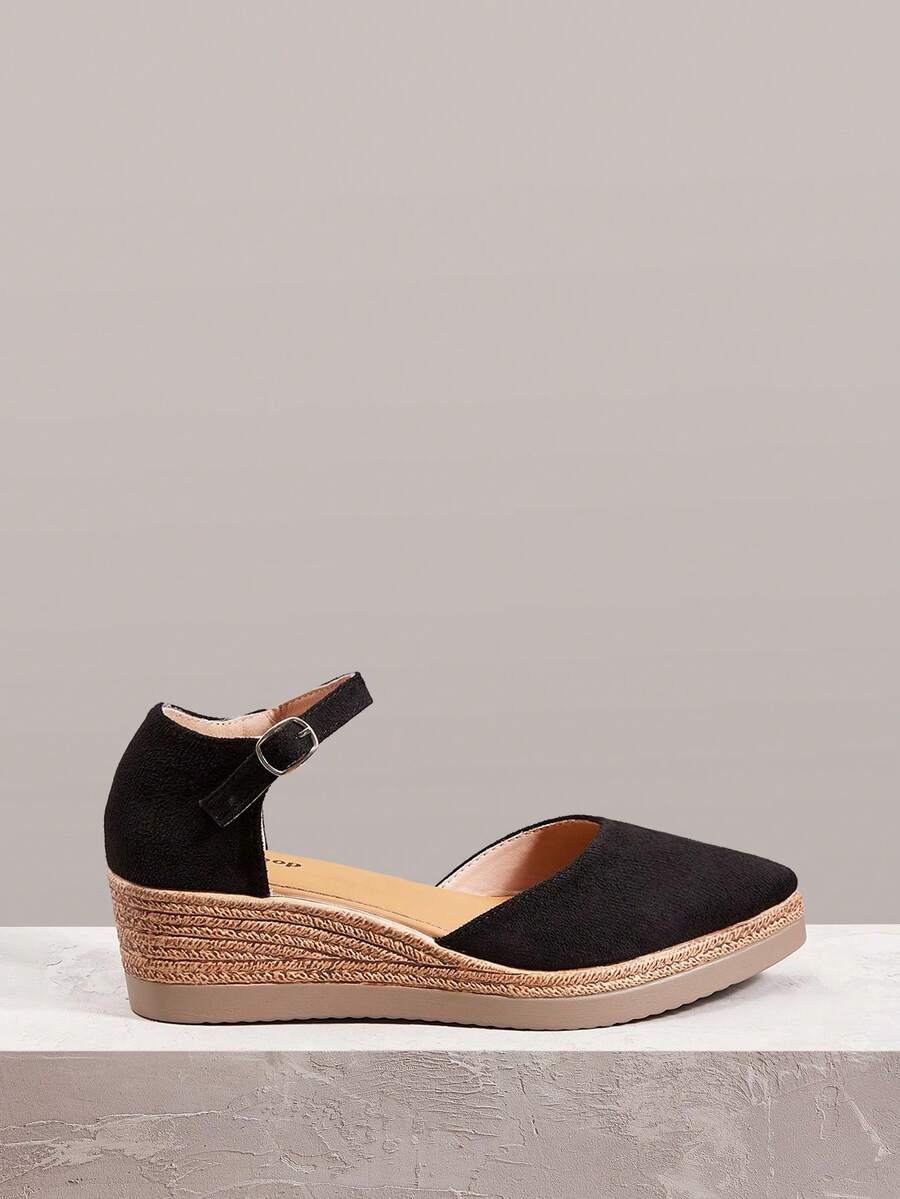 Styleloop Sandalias de mujer estilo bohemio con cuña de paja y cuerda de cáñamo, punta fina, plataforma retro, botón y tacón alto tipo romano - Negro oscuro - Ver 1