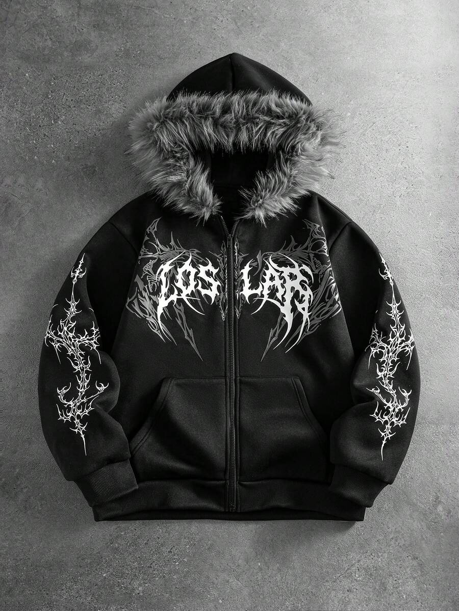 ROMWE MEN Goth 男士哥德式圖案毛絨連帽拉鍊休閒日常長袖衛衣 - 黑色 - 查看 1