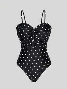 Swim Lushoire 春夏女款熱銷波點印花連身沙灘泳衣 - 黑色 - 查看 7