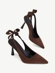 CUCCOO CHICEST Four Seasons Coffee Brown Imitation Suede Backspace High Heels Women's, French Style Elegant Comfortable Simple Party Dinner Bow Pointed Toe Shallow - Coffee brown velvet - View 4