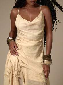 MUSERA Cream Mesh Cowl Hanky Hem Asymmetric Drape Midi Dress - Multicolor - View 6
