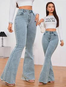SHEIN Tall 女款口袋喇叭休閒百搭牛仔褲，適合高個女性 - 霧霾藍 - 查看 7