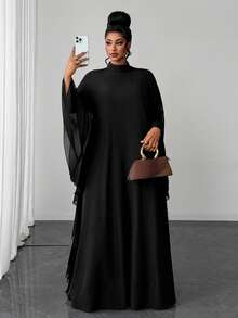 Maweii Plus Size Pure Black Stand Collar Full Skirt Dubai High-End Luxury Drape Double Layer Flutter Sleeve Loose Flattering Dress Fall - Black - View 4
