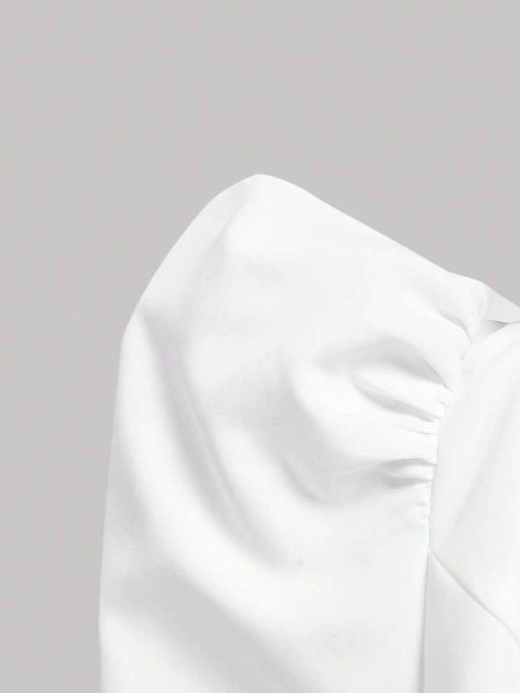 SHEIN MOD Elegant Classy Women's Pure White Gold Ruffle Detail Blouse With Puff Sleeves And Button Accents,Napoleon Style, Double-Breasted Shirt Party Autumn - White - View 7