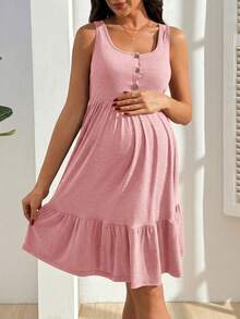 GentleRue Maternity Maternity Solid Color Ruched Button Design Nursing Slip Dress Baby Shower Summer - Pink - View 6