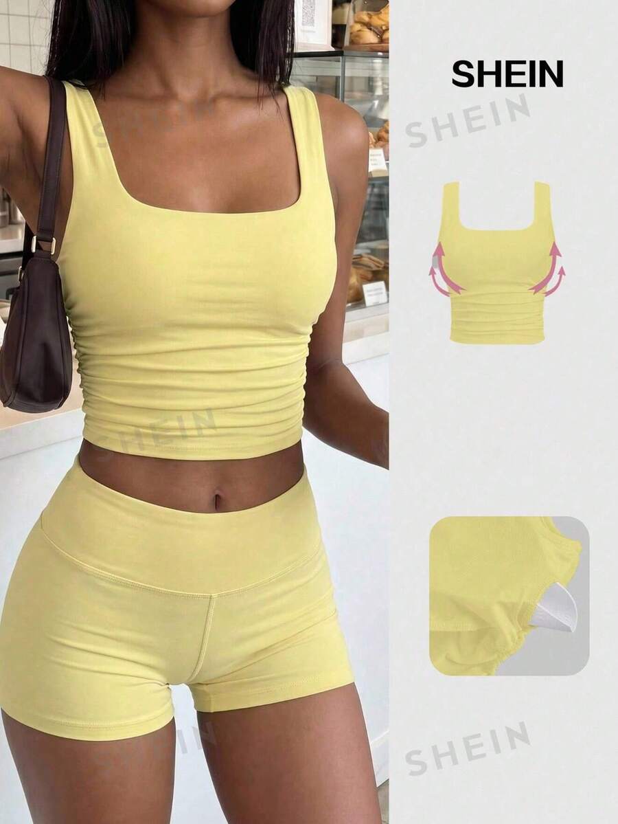 FavEase Top ajustado casual de cuello cuadrado con pliegues y acolchado de unicolor - amarillo ganso - Ver 1