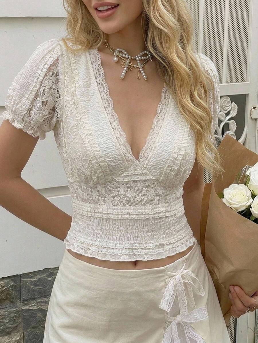 Skyraze Women's Contrast Lace V-Neck Short Petal Sleeve T-Shirt Vacation Cream White Summer Fairycore - Apricot - View 1