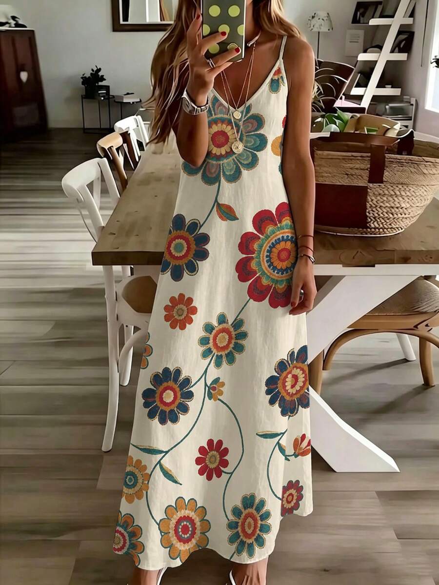 Summer Bohemian Boho Retro-Style Beige Print Fitted V-Neck Spaghetti-Strap Maxi Dress-Stylish A Vacation - Multicolor - View 1