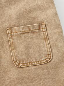 SHEIN Elladie kids Denimly 青少年女孩休閒日常都市街頭淺色水洗可愛蝴蝶刺繡牛仔吊帶短褲，破洞磨損下擺與毛邊設計 - 卡其色 - 查看 6