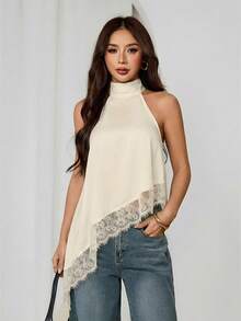 SHEIN PETITE 優雅奶油色不對稱高領掛脖上衣，蕾絲飾邊，無袖夏季襯衫，適合晚宴、雞尾酒會、約會之夜與婚禮賓客，適合嬌小女性 - 杏色 - 查看 6