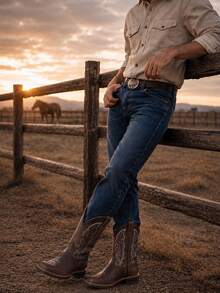 Genuine Leather Boots With Cowboy Rodeo Style Stitched Sole Skirt - Cafe - View 4