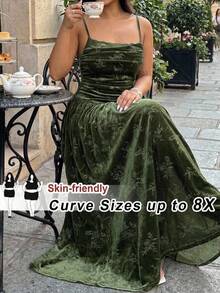 SHEIN CURVE+ 大尺碼女款優雅蕾絲飾邊洋裝，大尺碼女款洋裝，派對洋裝，正式洋裝，優雅女款洋裝，新年女款洋裝，正式女款洋裝，假日洋裝，套裝，跨年洋裝，軍綠色，天鵝絨洋裝，橄欖綠洋裝，女巫洋裝，哥德風夏季洋裝，綠色陽光洋裝 - 墨綠色 - 查看 8