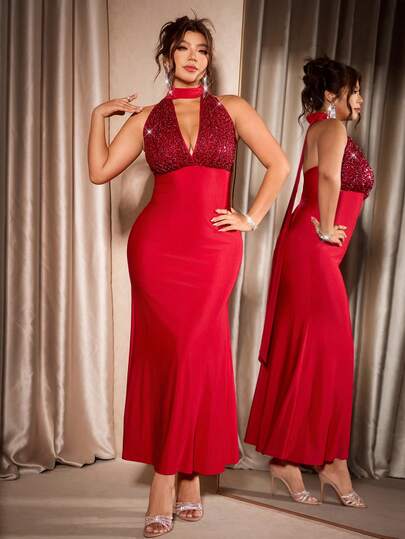 Cravure Plus Size Wine-Red Knitted V-Neck Sleeveless Fitted Dress With A Crossover Sequin Patch And Long