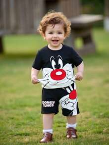 LOONEY TUNES X SHEIN GraphicGems 男嬰圓領卡通印花短袖T恤與短褲休閒日常套裝 - 黑色 - 查看 6