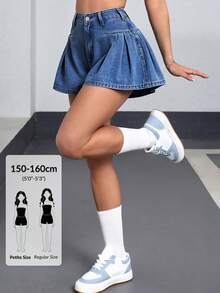 SHEIN PETITE Women's High Waist Pleated Casual Loose Denim Shorts ,Petite Women - Blue - View 1