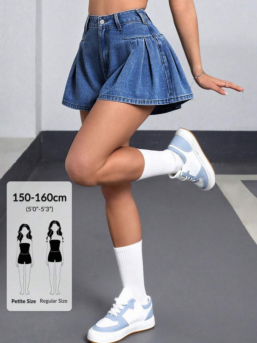SHEIN PETITE Women's High Waist Pleated Casual Loose Denim Shorts ,Petite Women - Blue - View 1