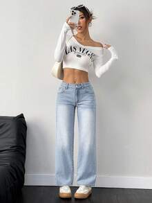 SHEIN PETITE 女款直筒寬鬆休閒口袋牛仔褲，百搭，適合嬌小女性 - 淺色水洗藍 - 查看 4