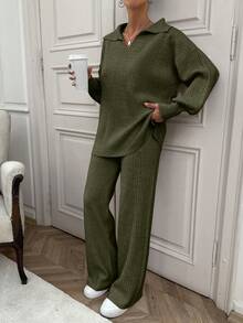 EURMUSE Rib Pattern Polo Neck Sweater And Pant 2pcs Set Everyday Olive Green Autumn Minimalist Casual - Army Green - View 4