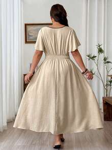 Weeklong Plus Size Women Deep V-Neck Colorblock Pleated Casual Daily Summer Dress Fall - Apricot - View 2