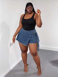CurvyTilda 大码女装夏季休闲时尚街头风毛边系带翻盖口袋牛仔短裙 - 藍色 - 查看 3