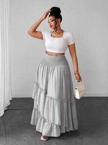 Maweii Plus Size Women's Solid Color Shirred Waist Ruffle Hem Skirt For Vacation Fall - Light Grey - View 6