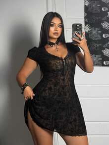 Whyspr Fashionable Dark Sheer Waist Cinching Elastic Round Neck Flocked Dress - Black - View 1
