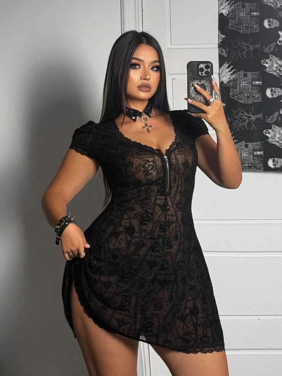 Whyspr Fashionable Dark Sheer Waist Cinching Elastic Round Neck Flocked Dress - Black - View 1
