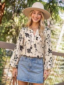 Coeurva Women's White Floral Blouse V-Neck Long Sleeve Floral Print Button Front Closure Fall Autumn Elegant Refined Outdoor Versatile Evening Vacation - Multicolor - View 7