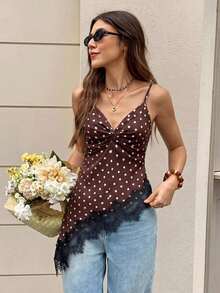 Serisse Women's Brown And White Polka Dot Contrast Lace Asymmetric Hem Cami Tank Top Night Out Sexy Summer Formal Business Chic Back To School - Brown - View 3