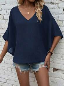 EMERY ROSE Blusa unicolor de manga murciélago de cuello V - Azul Marino - Ver 3