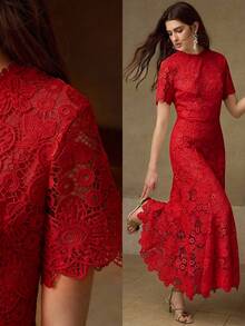 MOTF PREMIUM ELEGANT LACE MERMAID TAIL MIDI DRESS FOR WOMEN - Red - View 8