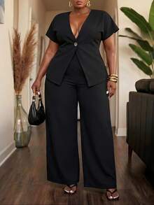 Slaydiva Conjunto de 2 piezas de blazer de un solo botón y pantalones de pierna ancha, elegante traje de negocios para trabajo de talla grande para curvas - Negro - Ver 10