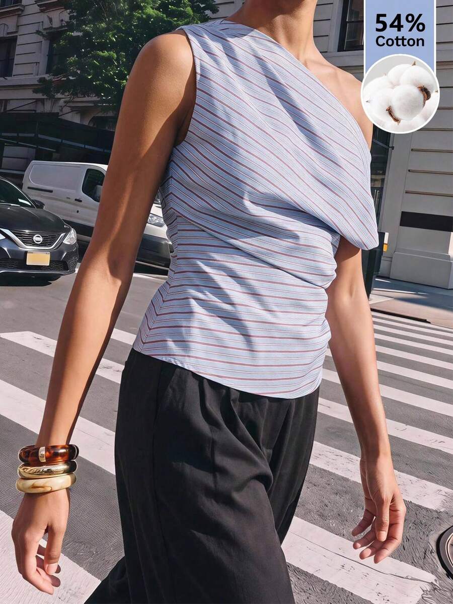 Maija Women's Casual French Coastal Tropical Elegant Light Blue Striped Asymmetric Collar Top Going Out Travel Vacation Office Brunch Beach Summer